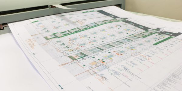 Plotten einer großformatigen farbigen Strichzeichnung und Architektenplans